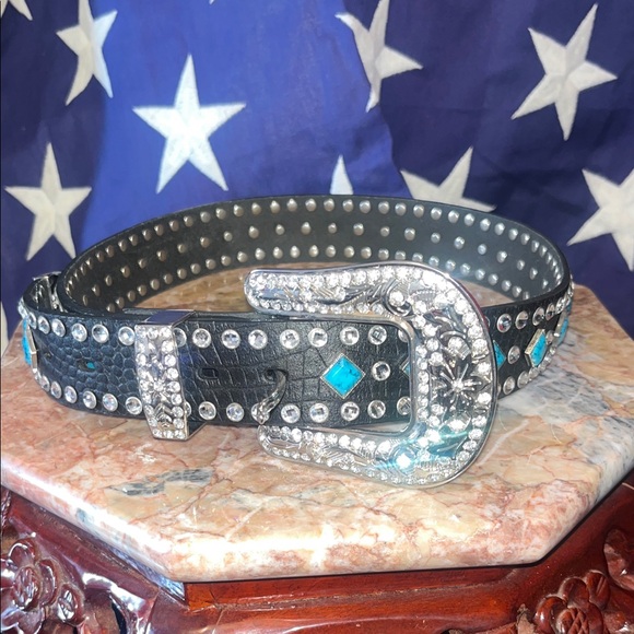 Rand New Studded Black Belt with Turquoise Accents main image 7